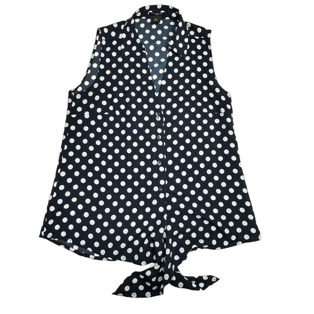 Ann Taylor Petite navy and white polka dot sleeveless top.